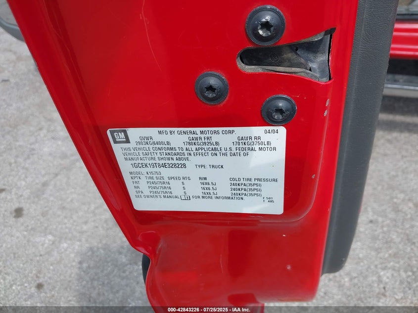 2004 Chevrolet Silverado 1500 Ls VIN: 1GCEK19T84E328228 Lot: 42843226