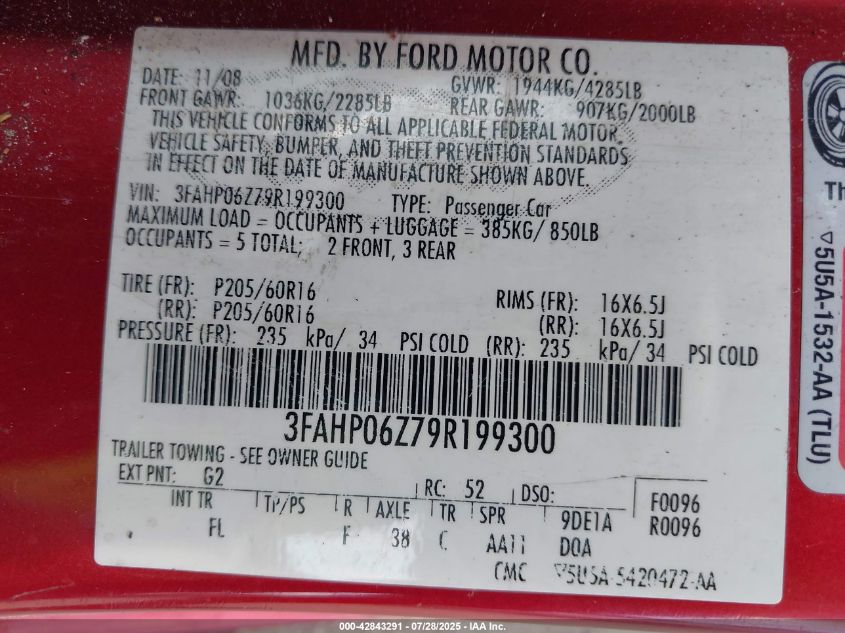 2009 Ford Fusion S VIN: 3FAHP06Z79R199300 Lot: 42843291