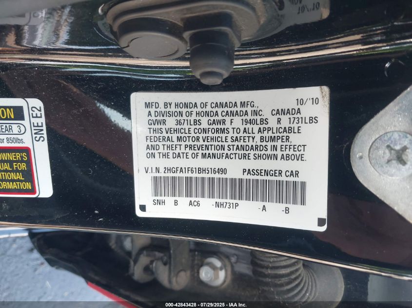 2011 Honda Civic Lx-S VIN: 2HGFA1F61BH516490 Lot: 42843428