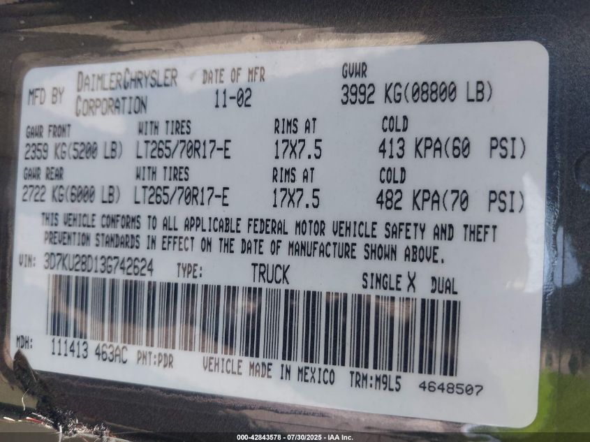 2003 Dodge Ram 2500 Slt/Laramie/St VIN: 3D7KU28D13G742624 Lot: 42843578