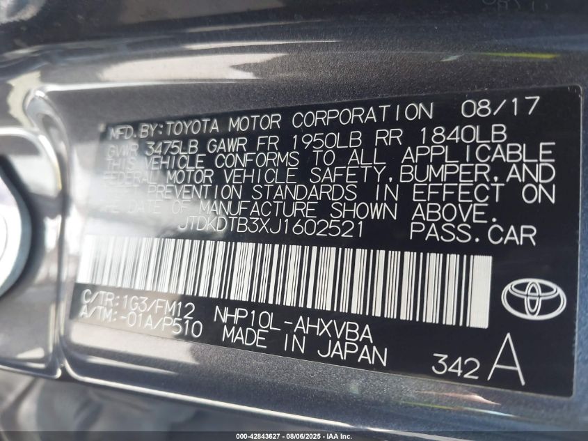 2018 Toyota Prius C Two VIN: JTDKDTB3XJ1602521 Lot: 42843627