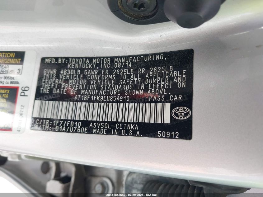 2014 Toyota Camry Le VIN: 4T1BF1FK9EU854910 Lot: 42843640
