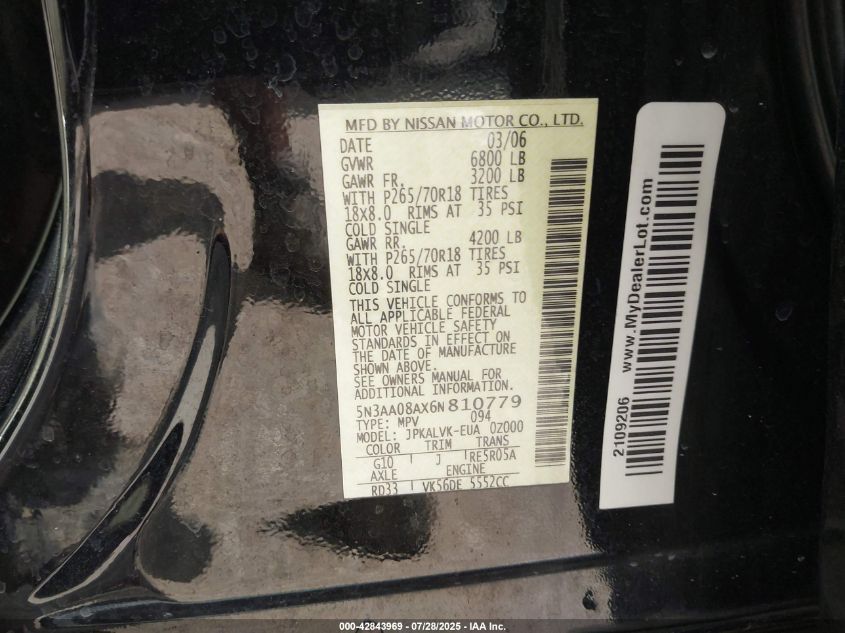 2006 Infiniti Qx56 VIN: 5N3AA08AX6N810779 Lot: 42843969