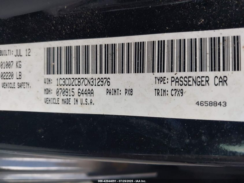 2012 Dodge Avenger Sxt VIN: 1C3CDZCB7CN312976 Lot: 42844091