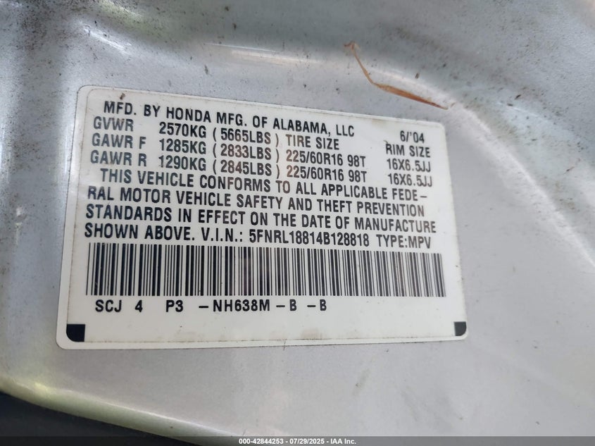 2004 Honda Odyssey Ex VIN: 5FNRL18814E128818 Lot: 42844253