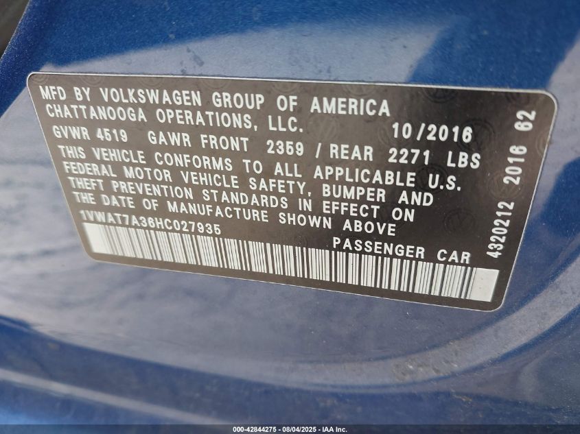 2017 Volkswagen Passat 1.8T S VIN: 1VWAT7A36HC027935 Lot: 42844275
