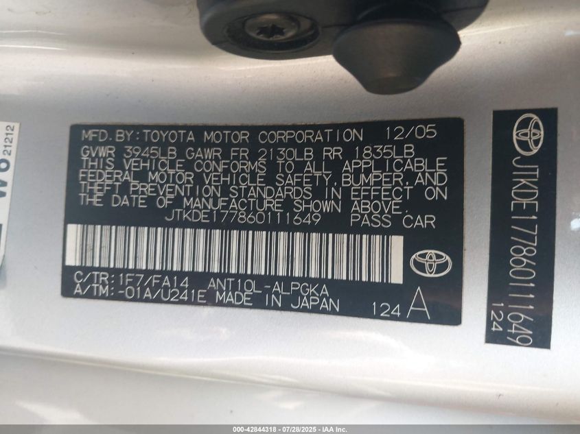 2006 Scion Tc VIN: JTKDE177860111649 Lot: 42844318