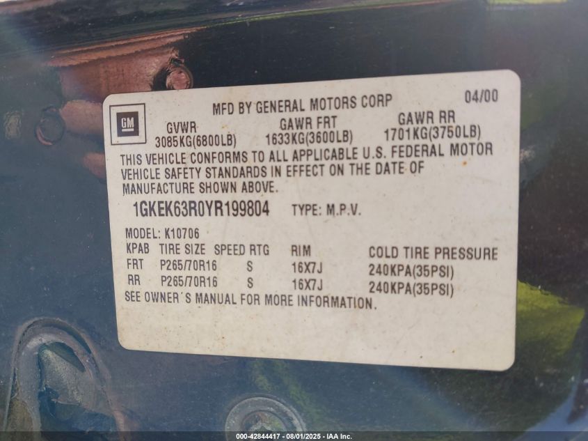 2000 GMC Yukon Denali VIN: 1GKEK63R0YR199804 Lot: 42844417