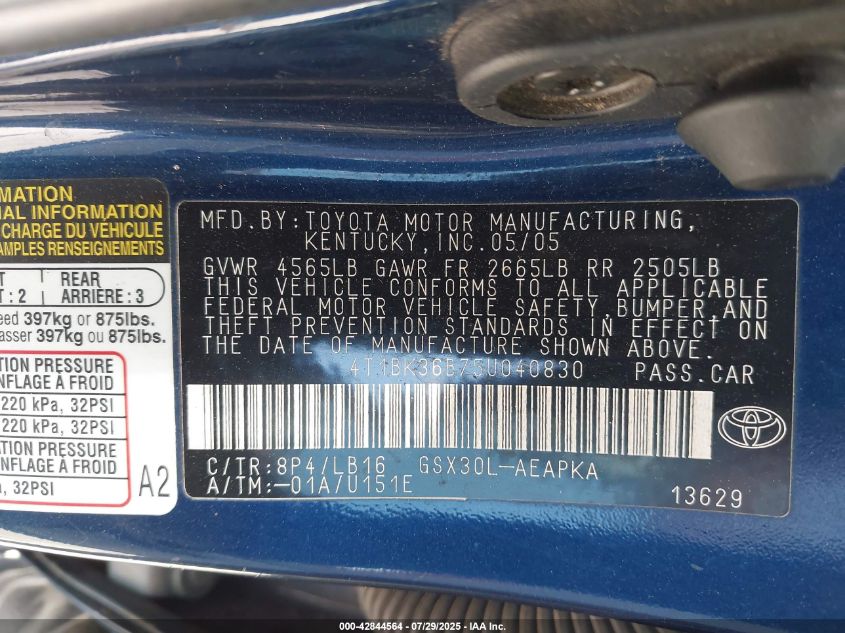 2005 Toyota Avalon Limited VIN: 4T1BK36B75U040830 Lot: 42844564