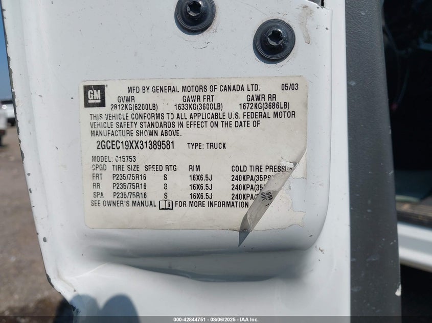 2003 Chevrolet Silverado 1500 Work Truck VIN: 2GCEC19XX31389581 Lot: 42844751