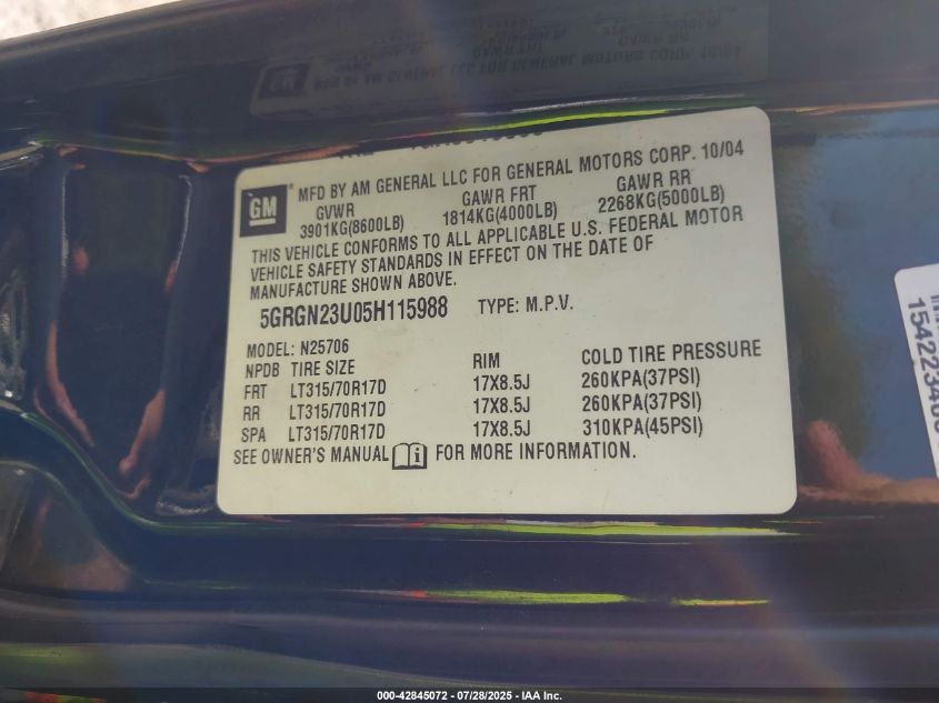 2005 Hummer H2 Suv VIN: 5GRGN23U05H115988 Lot: 42845072