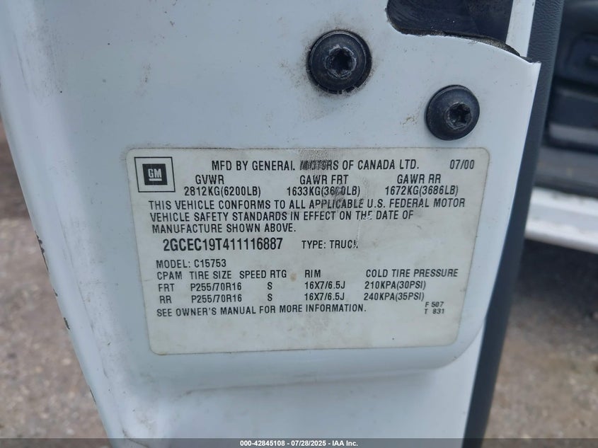 2001 Chevrolet Silverado 1500 Lt VIN: 2GCEC19T411116887 Lot: 42845108