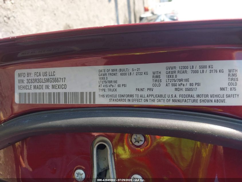 2021 Ram 3500 Tradesman 4X4 8' Box VIN: 3C63R3GL5MG566717 Lot: 42845302