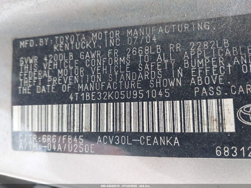 2005 Toyota Camry Le VIN: 4T1BE32K05U951045 Lot: 42845315