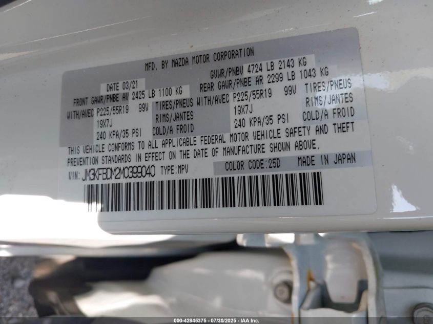 2021 Mazda Cx-5 Grand Touring VIN: JM3KFBDM2M0399040 Lot: 43426919