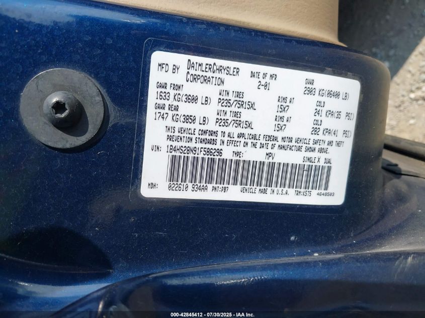 2001 Dodge Durango VIN: 1B4HS28N91F586296 Lot: 42845412