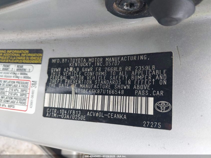 2007 Toyota Camry Le VIN: 4T1BE46K87U166548 Lot: 42845453