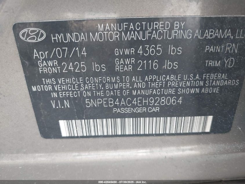 2014 Hyundai Sonata Gls VIN: 5NPEB4AC4EH928064 Lot: 42845458
