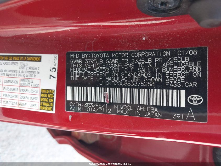 2008 Toyota Prius VIN: JTDKB20U883375288 Lot: 42845604