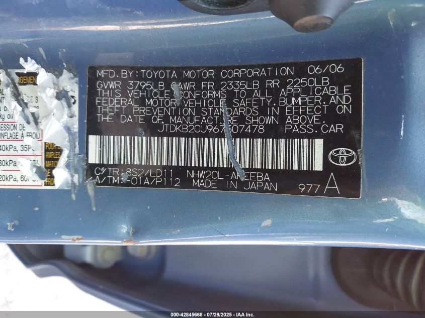 2006 Toyota Prius VIN: JTDKB2OU967507478 Lot: 42845668