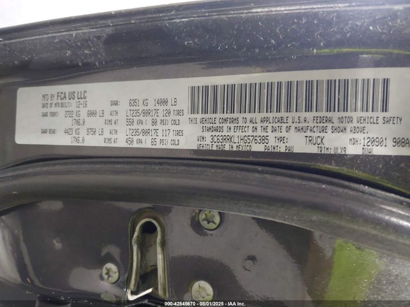 2017 Ram 3500 Limited 4X4 8' Box VIN: 3C63RRKL1HG576385 Lot: 42845670