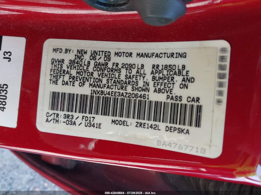 2010 Toyota Corolla S VIN: 1NXBU4EE3AZ206461 Lot: 42845684