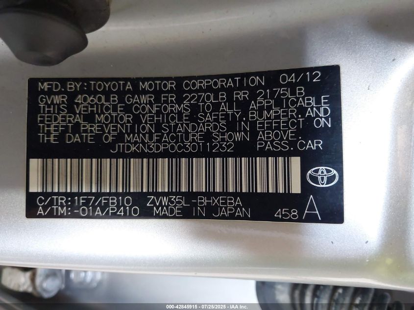 2012 Toyota Prius Plug-In VIN: JTDKN3DP0C3011232 Lot: 42845915