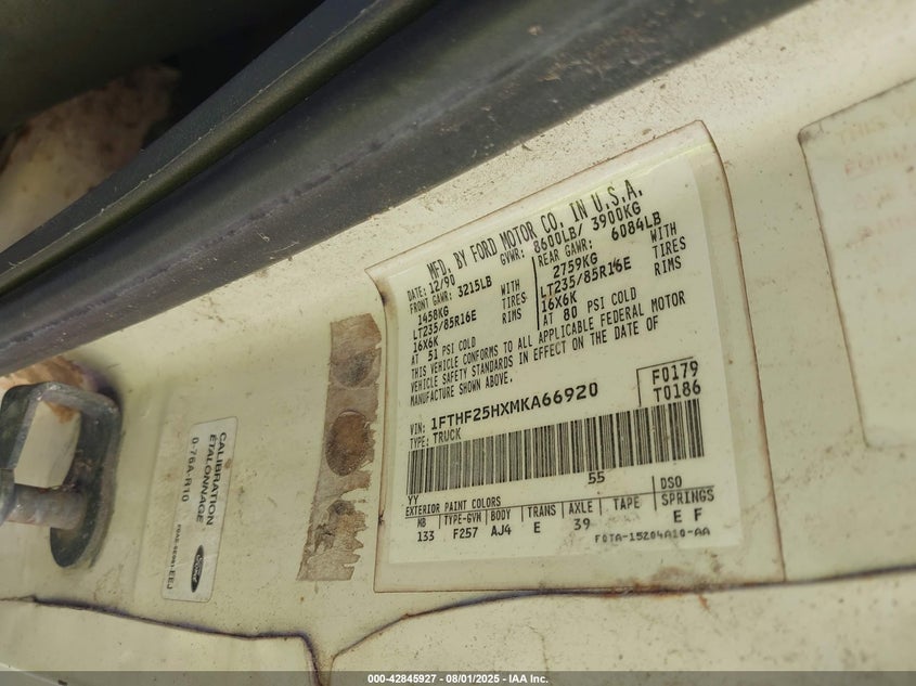 1991 Ford F250 VIN: 1FTHF25HXMKA66920 Lot: 42845927