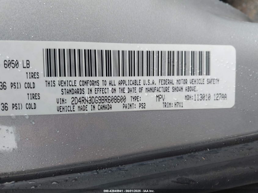 2011 Dodge Grand Caravan Mainstreet VIN: 2D4RN3DG9BR608600 Lot: 42845941