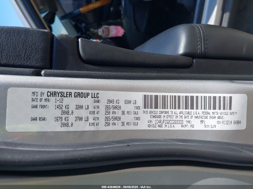 2012 Jeep Grand Cherokee Overland VIN: 1C4RJFCG2CC222333 Lot: 42846026