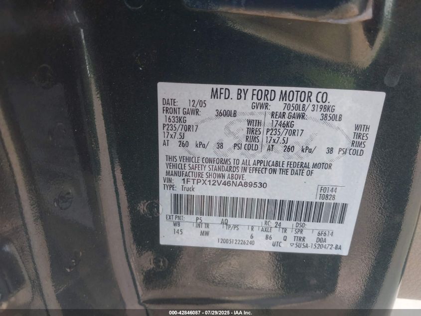 2006 Ford F-150 Lariat/Xl/Xlt VIN: 1FTPX12V46NA89530 Lot: 42846087