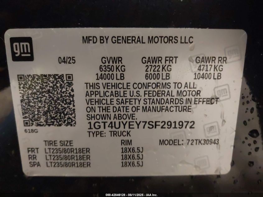 2025 GMC Sierra 3500Hd 4Wd Long Bed Denali Ultimate VIN: 1GT4UYEY7SF291972 Lot: 42846128