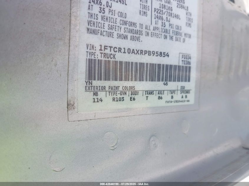 1994 Ford Ranger VIN: 1FTCR10AXRPB95854 Lot: 42846198