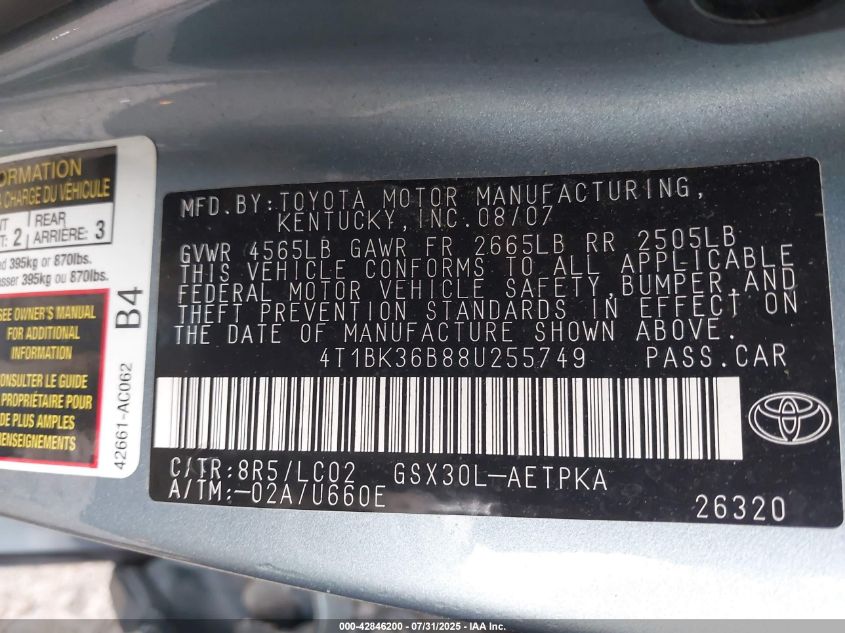 2008 Toyota Avalon Limited VIN: 4T1BK36B88U255749 Lot: 42846200