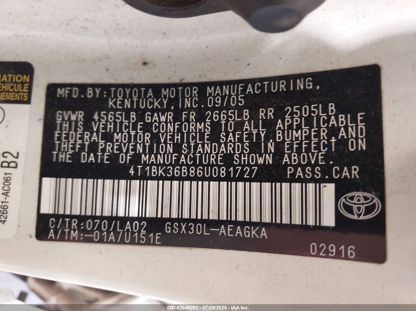 2006 Toyota Avalon Xls VIN: 4T1BK36B86U081727 Lot: 42846201