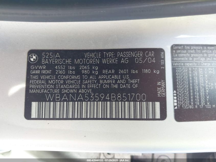 2004 BMW 525I VIN: WBANA53594B851700 Lot: 42846333