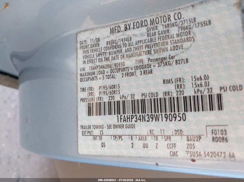 2009 Ford Focus S VIN: 1FAHP34N39W190950 Lot: 42846541