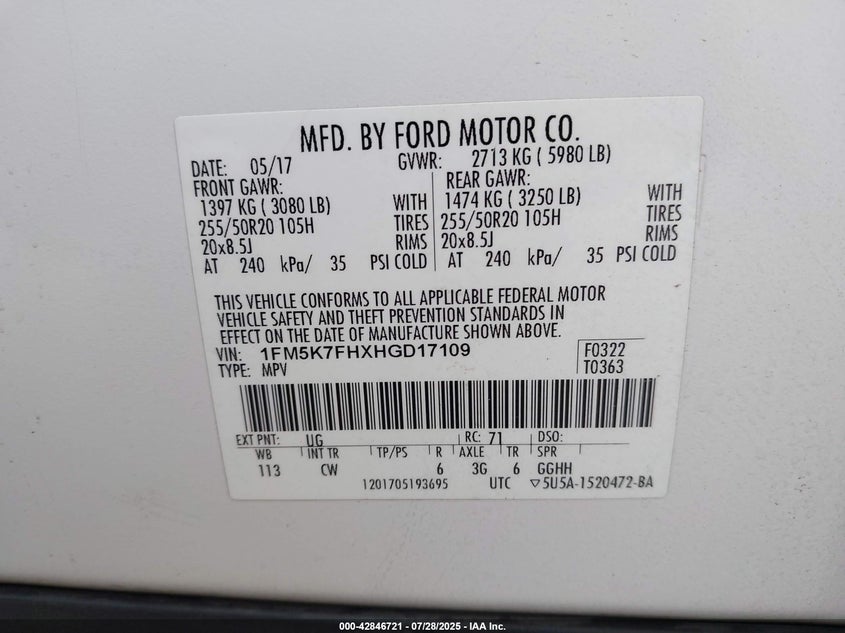 2017 Ford Explorer 2.3 LIMITED Unknown Lot 111042846721 Vin 1FM5K7FHXHGD17109
