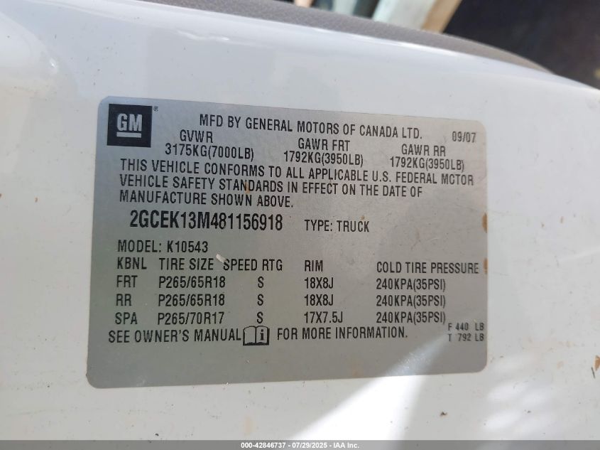 2008 Chevrolet Silverado 1500 Lt2 VIN: 2GCEK13M481156918 Lot: 42846737
