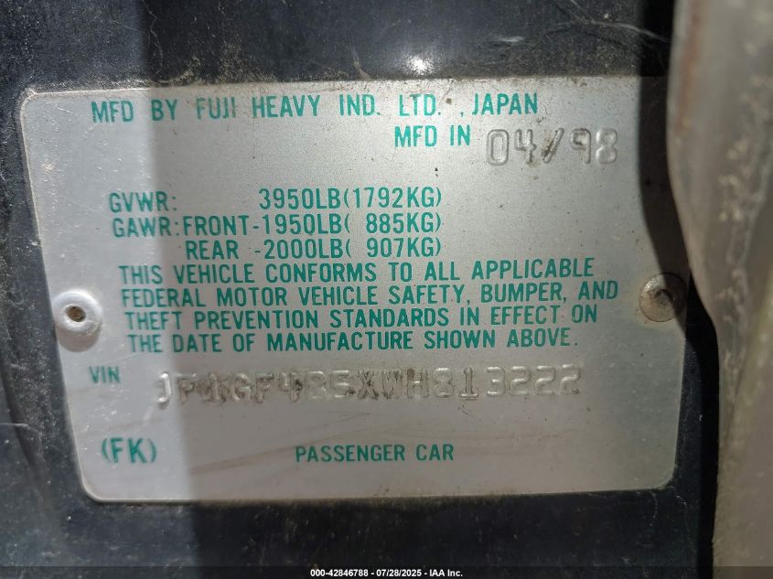 1998 Subaru Impreza Outback Sport VIN: JF1GF485XWH813222 Lot: 42846788