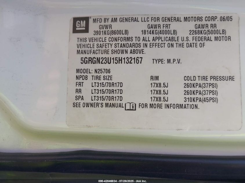 2005 Hummer H2 Suv VIN: 5GRGN23U15H132167 Lot: 42846834