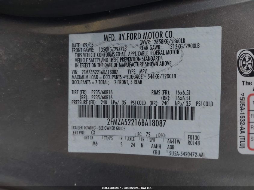 2006 Ford Freestar Sel VIN: 2FMZA52216BA18087 Lot: 42846907