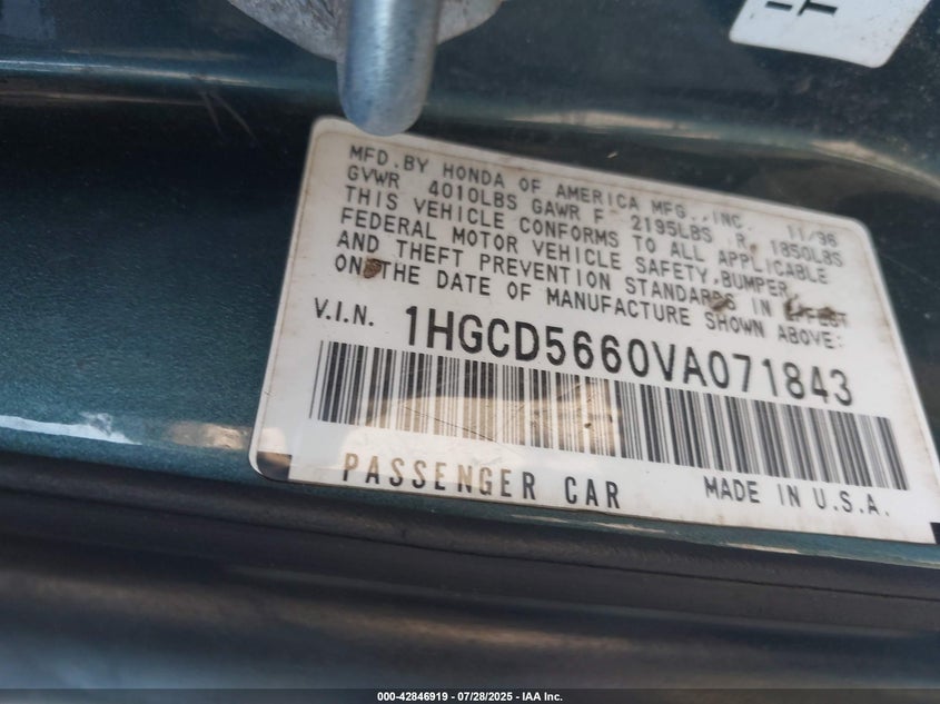 1997 Honda Accord Ex VIN: 1HGCD5660VA071843 Lot: 42846919