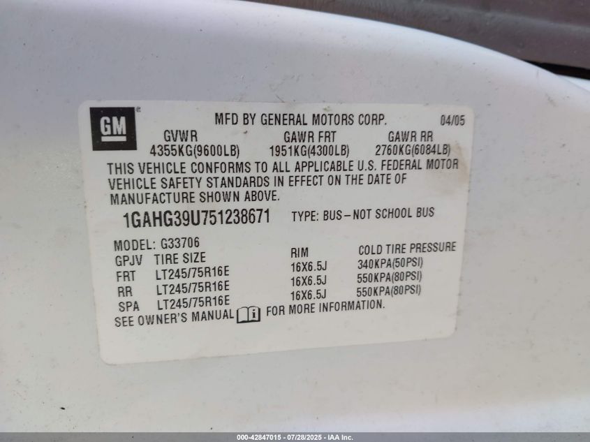 2005 Chevrolet Express VIN: 1GAHG39U751238671 Lot: 42847015