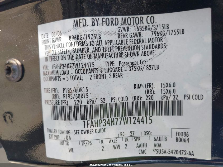 2007 Ford Focus S/Se/Ses VIN: 1FAHP34N77W124415 Lot: 42847169