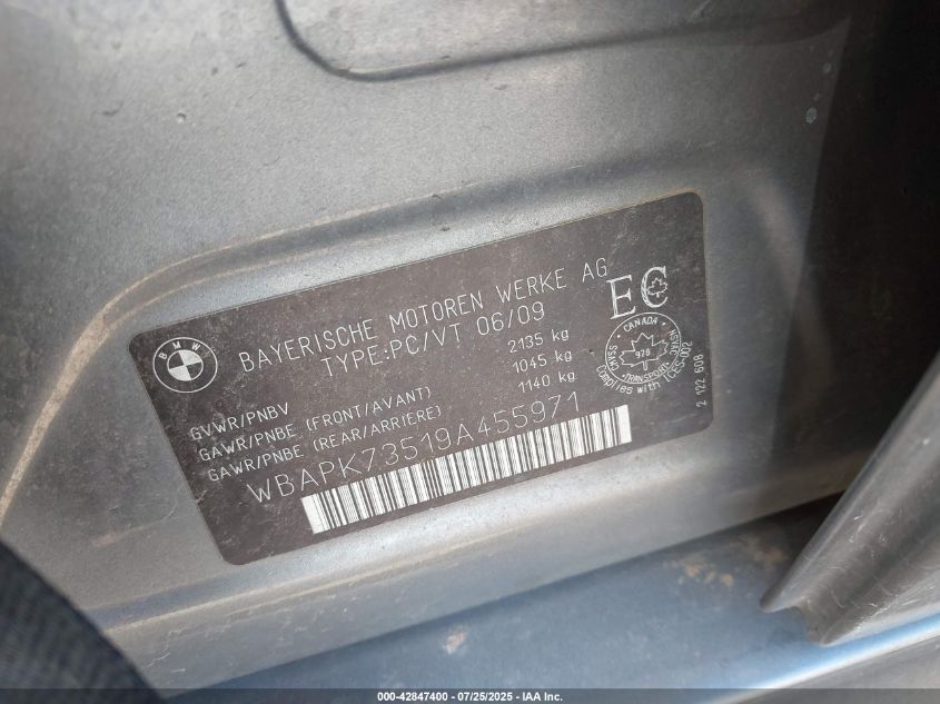2009 BMW 328I xDrive VIN: WBAPK73519A455971 Lot: 42847400