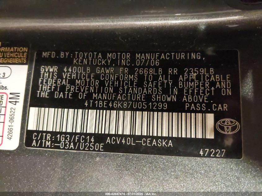 2007 Toyota Camry Se VIN: 4T1BE46K87U051299 Lot: 42847474