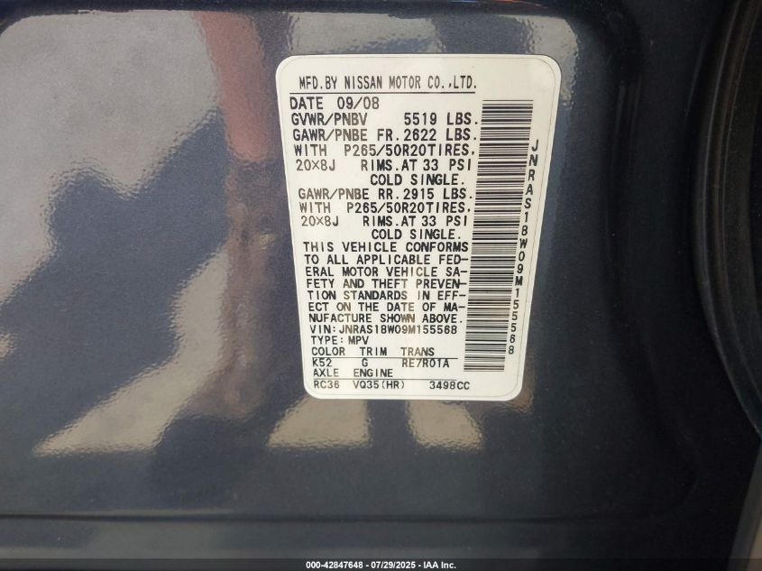 2009 Infiniti Fx35 VIN: JNRAS18W09M155568 Lot: 42847648