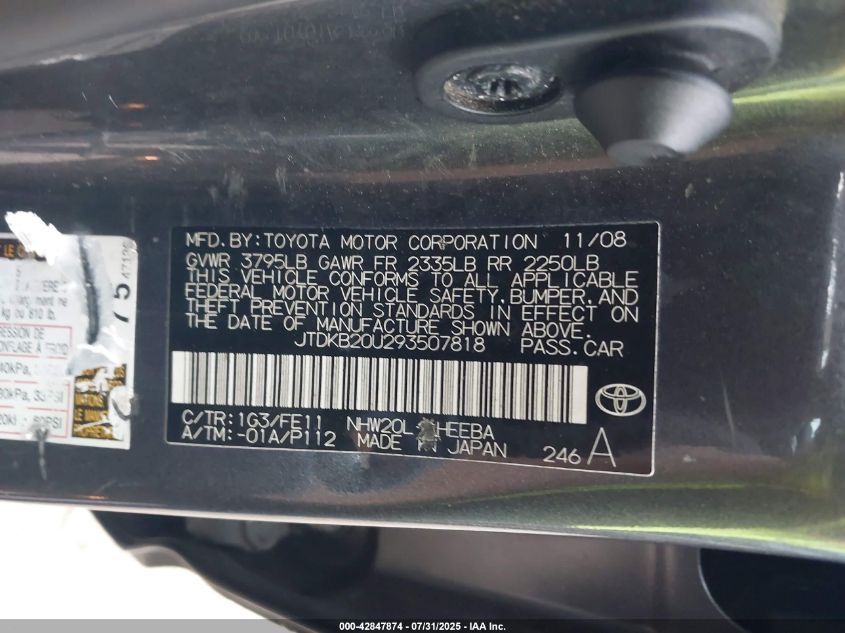 2009 Toyota Prius VIN: JTDKB20U293507818 Lot: 42847874