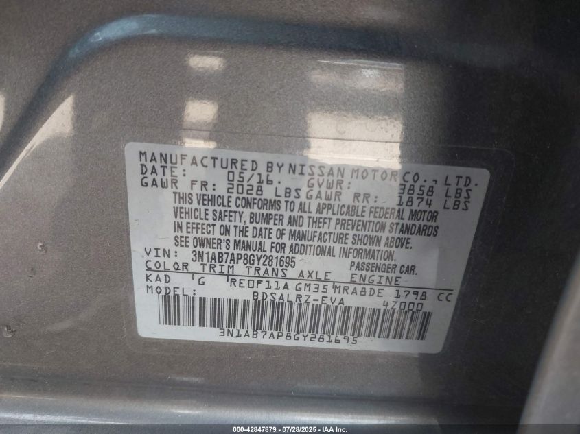 2016 Nissan Sentra Sr VIN: 3N1AB7AP8GY281695 Lot: 42847879